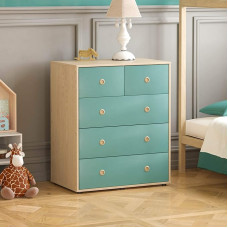 Junior Vida Neptune Chest of Drawers 5 Drawer Chest Bedroom Furniture Storage Blue & Oak