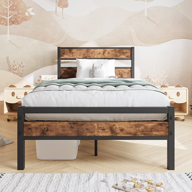 HOJINLINERO Single Bed Frame with Storage Metal Bed Frame Single Bed Frame Solid Platform Bed Frame Single Mattress Base Heavy Duty Steel Slats Industrial Wooden Bed Frame for
