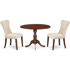 East West Furniture DMGA3-MAH-32 3-Piece Dining Room Set Includes Round Dining Table with Dropleaf and 2 Light Beige Upholstered Linen Fabric Chairs, 106 x 107 cm, Mahogany