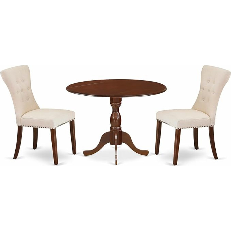 East West Furniture DMGA3-MAH-32 3-Piece Dining Room Set Includes Round Dining Table with Dropleaf and 2 Light Beige Upholstered Linen Fabric Chairs, 106 x 107 cm, Mahogany