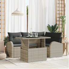 Rantry 5-teiliges Garten Sofa Set mit Kissen Hellgrau Poly Rattan, 2-Sitzer Garten Sofa mit Stauraum & Kissen Hellgrau Poly Rattan Gartenlounge Model3357375