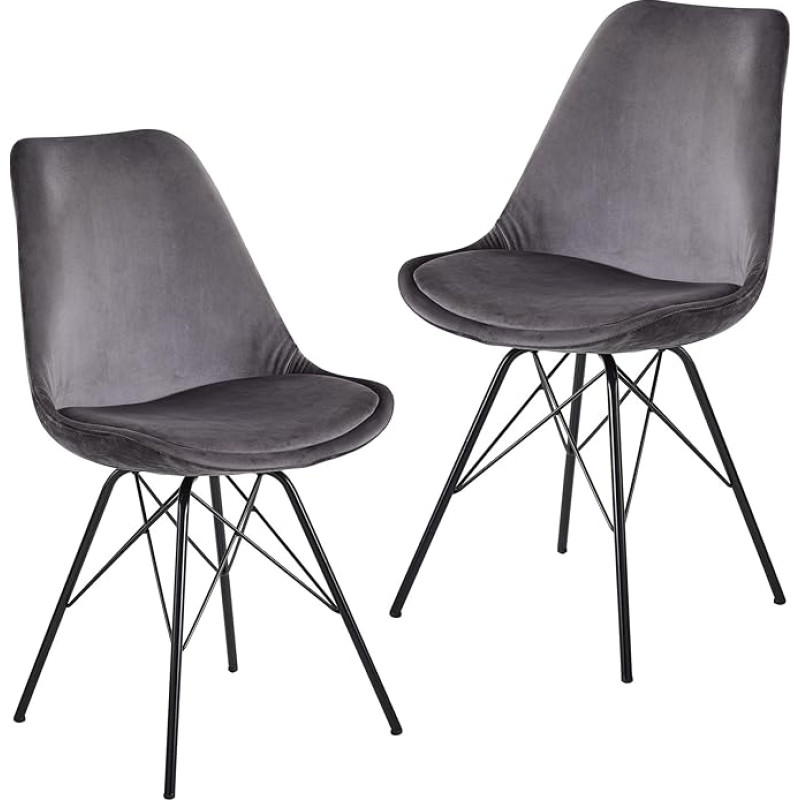 FineBuy Dining Room Chairs, Set of 2, Velvet Kitchen Chairs with Black Legs, Shell Chair, Scandinavian Design, Upholstered Chair with Fabric Cover, Chair Padded