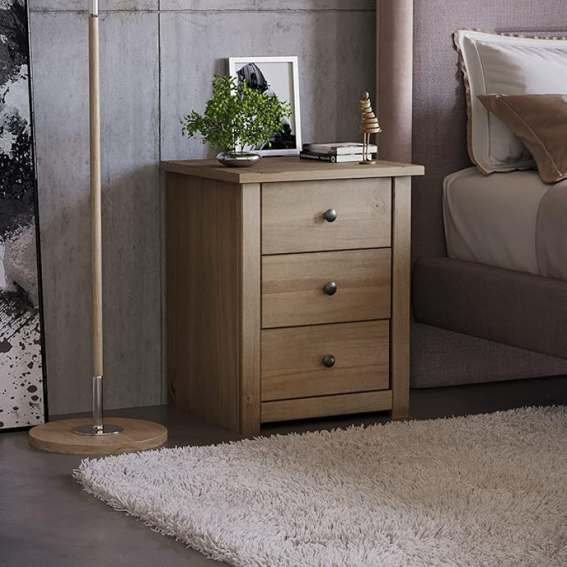 Home Discount® Panama Bedside Chest 3 Drawer, Natural Oak Waxed Bedroom Furniture