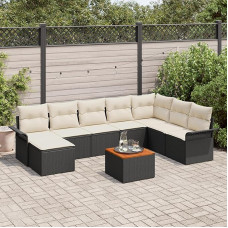 Rantry 9-teiliges Garten Sofa Set mit Kissen Schwarz Poly Rattan Akazie, 2-Sitzer Garten Sofa mit Stauraum & Kissen Schwarz Poly Rattan Gartenlounge Model3356031