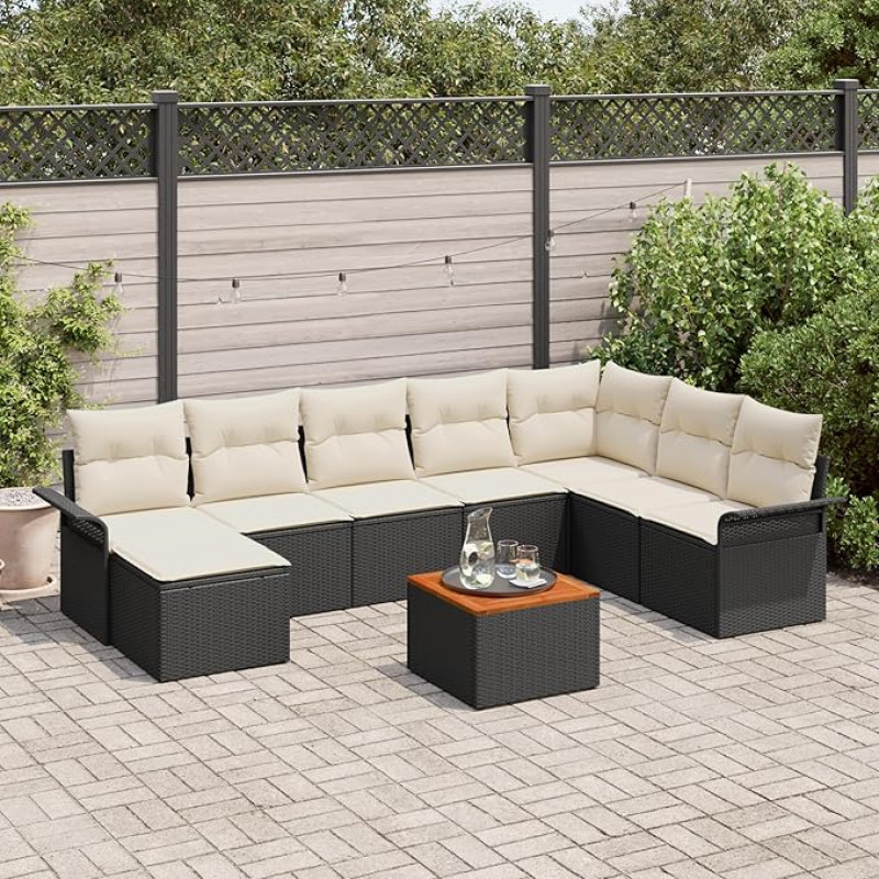 Rantry 9-teiliges Garten Sofa Set mit Kissen Schwarz Poly Rattan Akazie, 2-Sitzer Garten Sofa mit Stauraum & Kissen Schwarz Poly Rattan Gartenlounge Model3356031