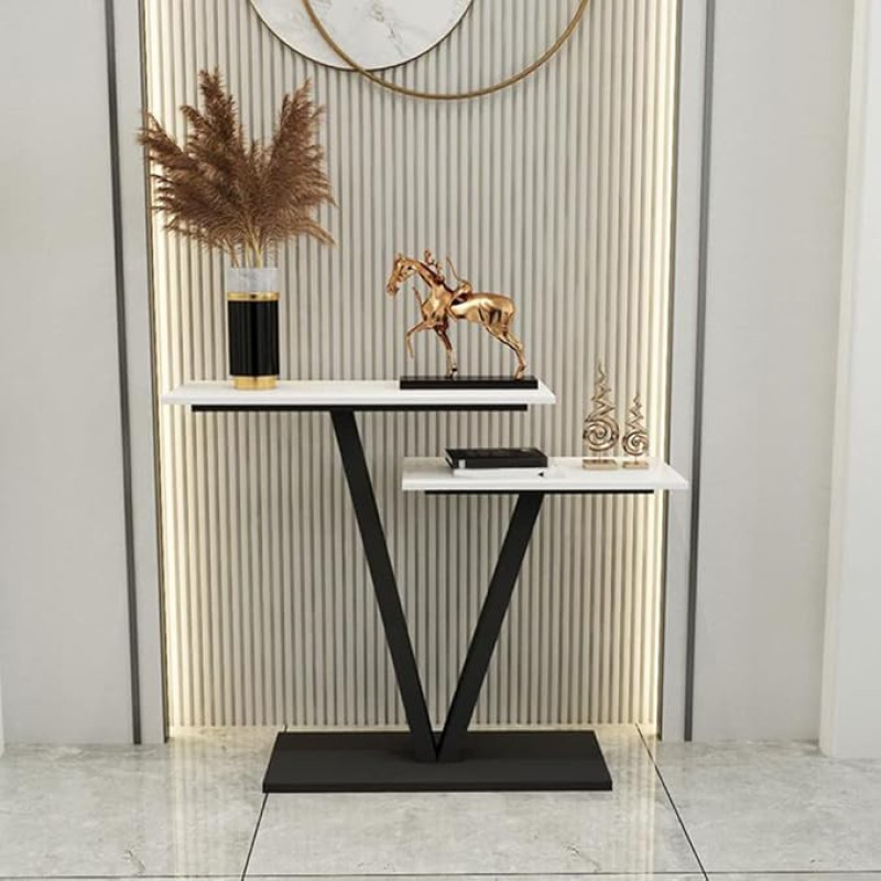 Contemporary Stone Console Sofa Table with 2 Levels, Rectangular Panels + V-Shaped Base, Side Table with Shelf for the Hallway, Black, 39 inches L x 12 inches W
