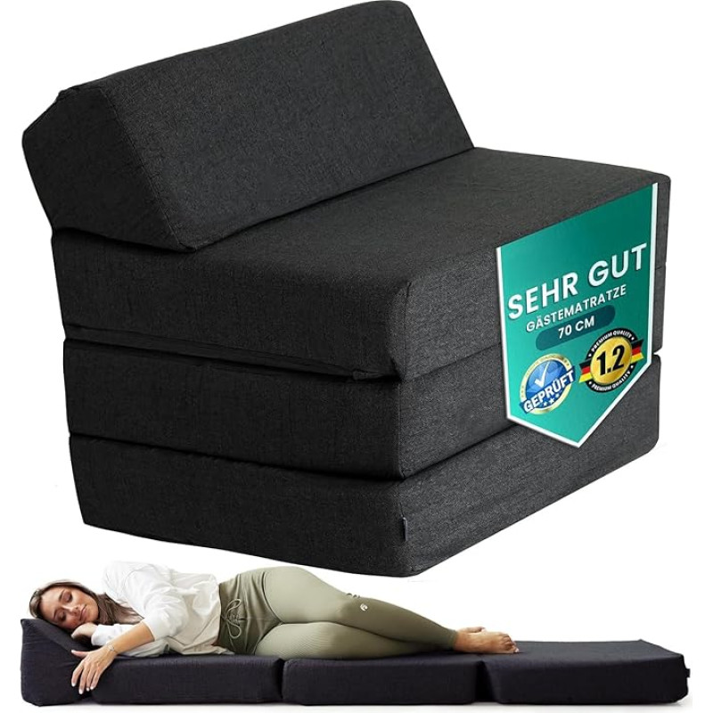 DYNMC you Folding Mattress - Guest Mattress Foldable - 14 cm Thick & Comfortable H3 - Foldable Mattress, Space-Saving Foldable - Adult Travel Cot - Test Very Good Oeko Tex Standard (Black, 200 x 70 x