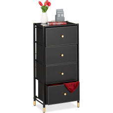 Relaxdays Chest of Drawers H x W x D: 98.5 x 46 x 30 cm, 4 Drawers, Fabric & Steel Sideboard, Drawer Cabinet, Black/Gold