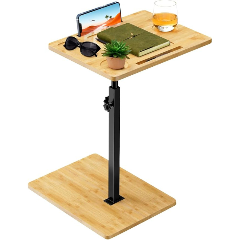 Fuyoula Adjustable Bamboo Side Table Height 44-78 cm Base 39 x 29 cm 360° Rotation for Bathtub (Natural Wood)