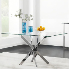 GOLDFAN Rectangular Glass Dining Table, Modern Kitchen Table, Glass Table with Metal Legs, for Dining Room, Living Room, Kitchen, Silver, 110 x 70 x 75 cm