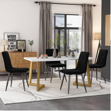 Sweiko Table and Chairs Set (5 Pieces) Dining Table with Gold Feet with 4 Chairs, Black Twill Velvet Modern Kitchen Rectangular Table and Chairs Set (Black+Gold)