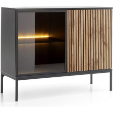 Selsey Tosena Sideboard, 104 x 39 x 83 cm, Modern Design in Black/Graphite/Wotan Oak, with Glass Front and 4 Compartments, Laminated Chipboard/MDF, Powder-Coated Steel, Lighting Possible