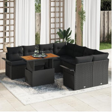 Rantry 9-teiliges Garten Sofa Set mit Kissen Schwarz Poly Rattan Akazie Gartenlounge Model3349316