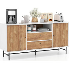 COSTWAY Wooden Sideboard, Buffet Cabinet with Sliding Doors and 2 Drawers, Buffet with Metal Legs and Tilt Protection, Modern TV Cabinet for Kitchen, Dining Room, Living Room, White + Natural, 150 x
