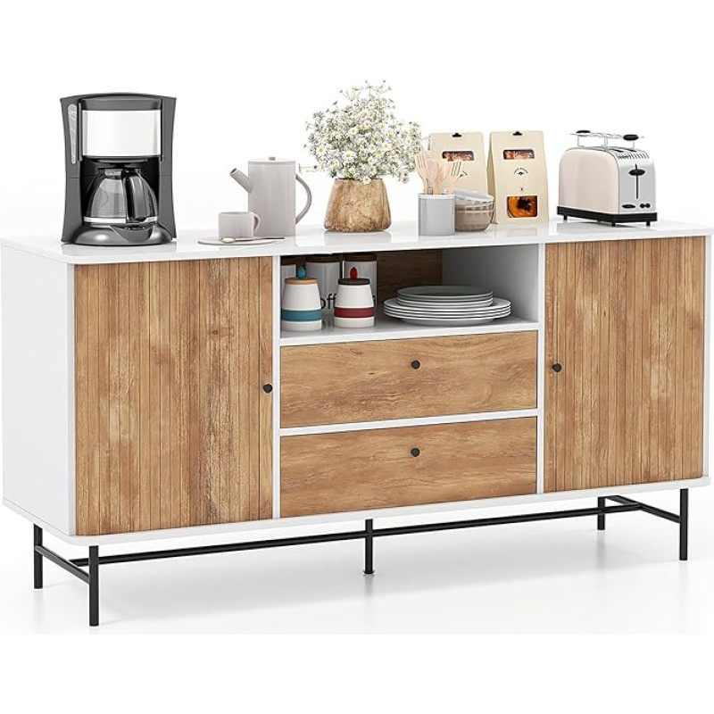 COSTWAY Wooden Sideboard, Buffet Cabinet with Sliding Doors and 2 Drawers, Buffet with Metal Legs and Tilt Protection, Modern TV Cabinet for Kitchen, Dining Room, Living Room, White + Natural, 150 x
