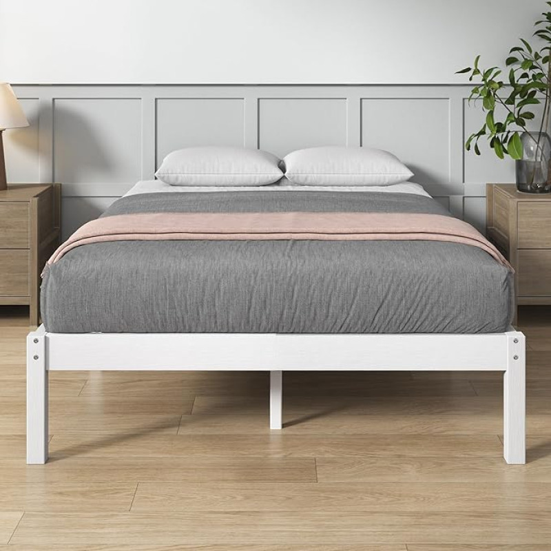Zinus Ellie Bamboo Double Bed, 160 x 190 cm, Modern and Lightweight Frame with Wooden Slatted Base, 35.5 cm Storage Space, Eco Friendly Design, White