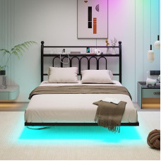 JELUTE King Size Bed Frame with LED Lights, Headboard and Charging Base, Heavy Duty Metal Platform Bed Frame, No Box Spring Required, Noise-Free, Black