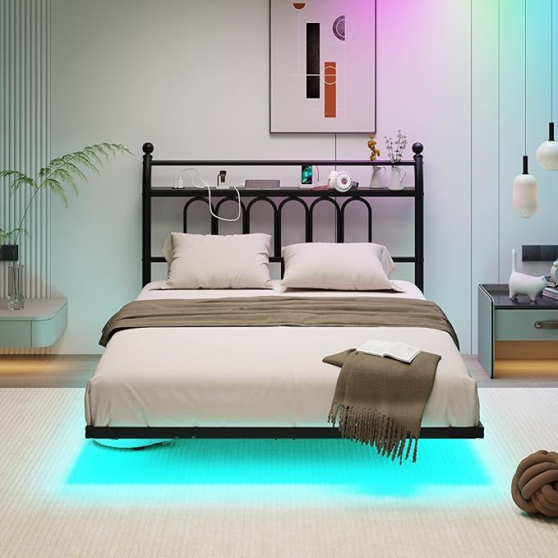 JELUTE King Size Bed Frame with LED Lights, Headboard and Charging Base, Heavy Duty Metal Platform Bed Frame, No Box Spring Required, Noise-Free, Black