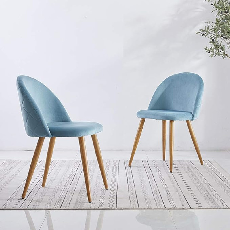 CLIPOP Dining Room Chairs Set of 2 Retro Style Velvet Fabric Cover Kitchen Chairs Padded Accent Chair with Wood Colour Metal Legs for Kitchen Lounge Bedroom Office (Light Blue)