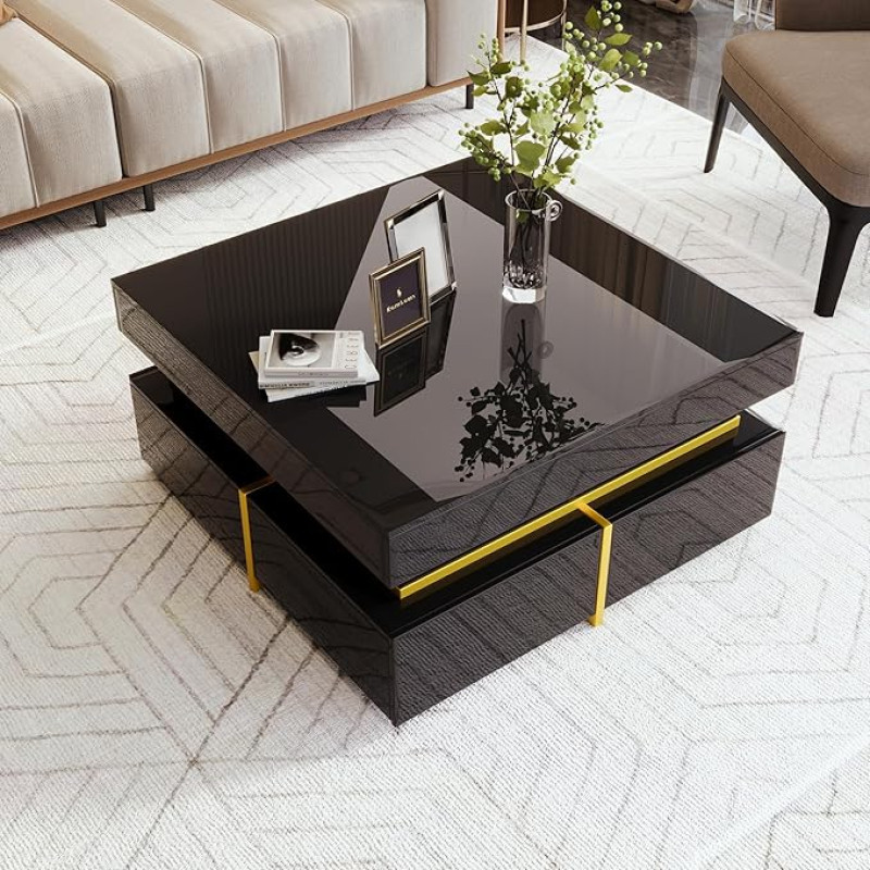 KecDuey Side Table 70 x 70 x 35.5 cm, High-Gloss Living Room Table, Coffee Table with Drawers and Gold Accents, Black