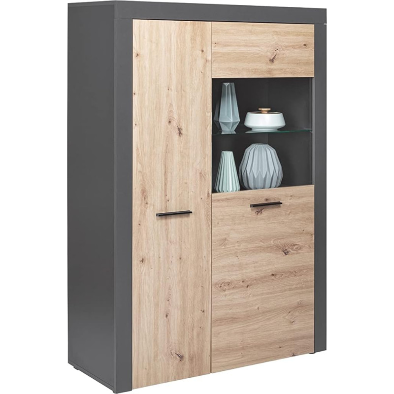 Inter Link - Highboard - Display Cabinet - 2 Doors - 2 Shelves - Anthracite and Artisan Oak Replica - Corbeto