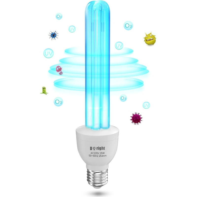 DoRight UV-lambi desinfitseerimine osooniga 25 W LED E27 UVC 254 nm bakteritsiidne lamp Tugev steriliseerimine ja desinfitseerimine AC220-240 V Täiuslik köök, magamistuba, elutuba, kontor (pakend 1)
