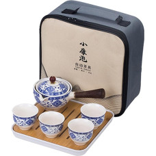fanquare Blue and White Porcelain Portable Travel Tea Set, Handmade Kungfu Tea Set, 4 Cups, Teapot and Bamboo Tea Compartment with Travel Bag
