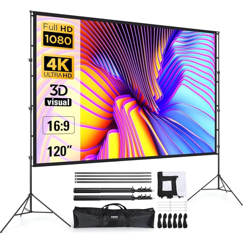 Projector Screen 120 Inch with Foldable Base, LEORFI Outdoor Indoor Projection Screen HD 16:9, Portable Film Screen with Carry Bag, Height Adjustable, for Camping and Home Cinema