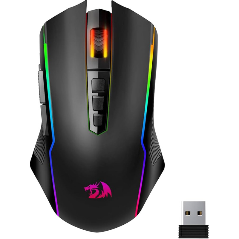 Redragon Wireless Gaming Mouse, RGB 2.4G/USB-C/Bluetooth Mouse, Rechargeable with 9 Programmable Buttons, 10000 DPI, Ergonomic Wireless Gaming Mouse for PC/Mac Gamers
