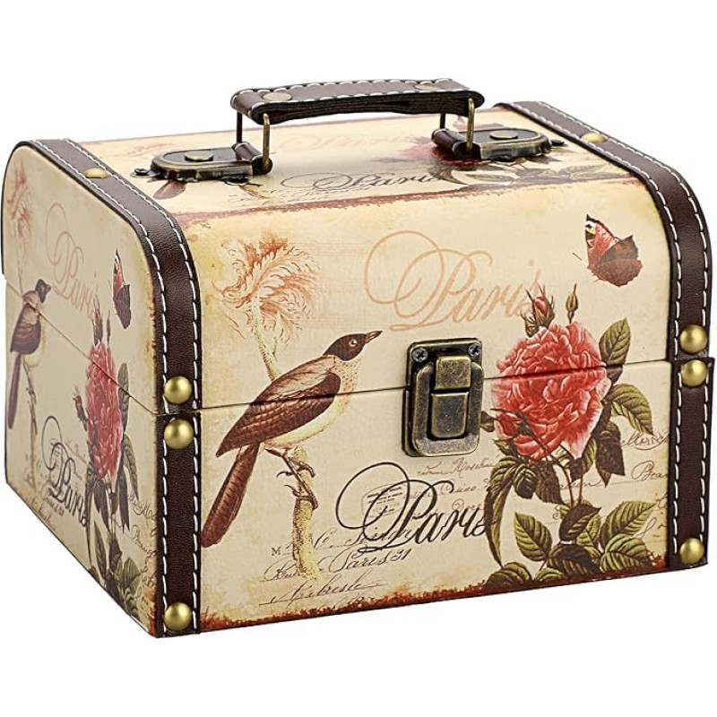 SUMNACON Wooden and PU Leather Storage Box, Decorative Jewellery Box, Keepsake Chest with Handle, Treasure Chest Organiser for Gift (Bird Flower Pattern)