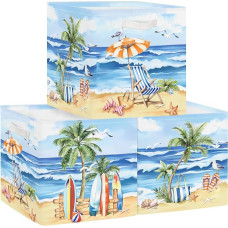 Clastyle Pack of 3 Sea Shore Beach Children's Storage Box Outside Fabric Women Storage Basket with Handles Toy Storage Cube Organiser for Clothes, Palm Tree, 30 x 30 x 30 cm