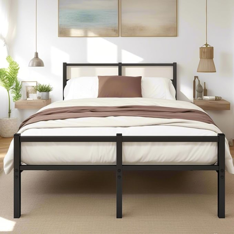 ARFARLY Bed 120 x 200 cm Metal Bed Frame with Slatted Frame, Double Bed, Guest Bed, Black