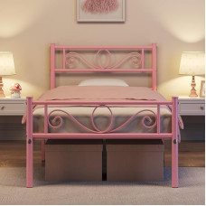 Yaheetech Bed Frame 90 x 200 cm Metal Bed with Slatted Frame Single Bed Guest Bed Youth Bed with Headboard for Bedroom Guest Room Light Pink