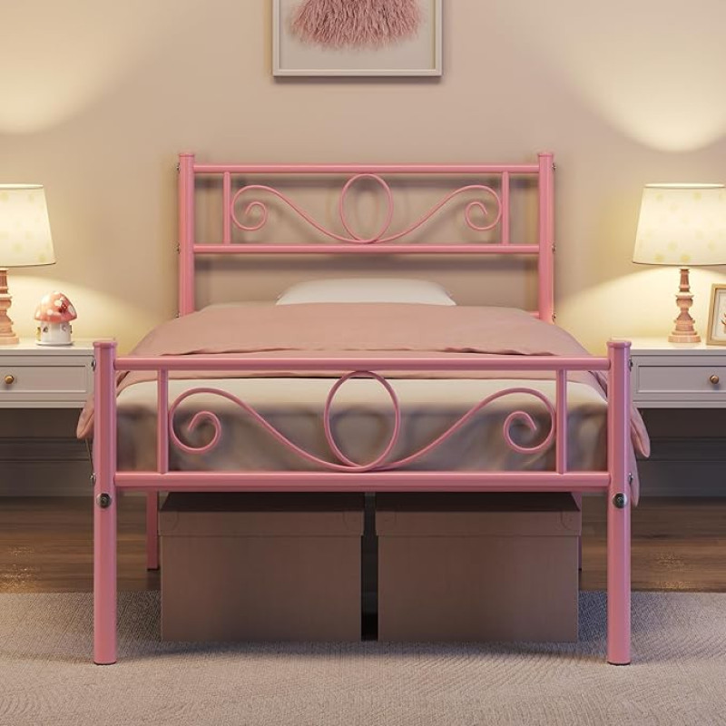 Yaheetech Bed Frame 90 x 200 cm Metal Bed with Slatted Frame Single Bed Guest Bed Youth Bed with Headboard for Bedroom Guest Room Light Pink