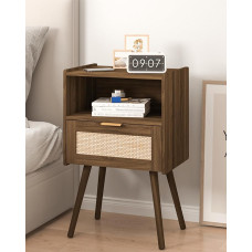 JERX Rattan Bedside Table, Modern Bedside Table with Drawer and Open Shelf, for Living Room, Bedroom and Small Spaces, Side Table with Solid Wood Legs, Easy Assembly (Brown Oak)
