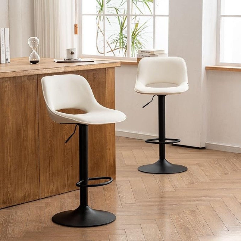 YOUNIKE Bar Stools Set of 2 Bar Chairs Bar Stools Height Adjustable Swivel Chair Kitchen Chairs Counter Chair with Hollow Backrest, High Bar Stools for Bar Counter Kitchen, White