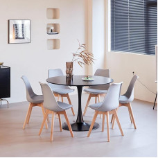 DEYARNA HOME Dining Room Set with 6 Dining Chairs, Round Dining Table and Chairs for Dining Room, Kitchen, Living Room, Black Dining Table and Grey Chairs