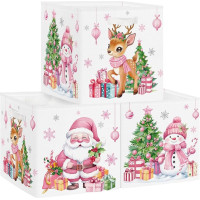 Clastyle Pack of 3 Christmas Children's Fabric Storage Boxes for Kallax Foldable Storage Basket Small Boys Girls Cupboard Organiser Wardrobe for Shelf, Santa Claus, 30 x 30 x 30 cm
