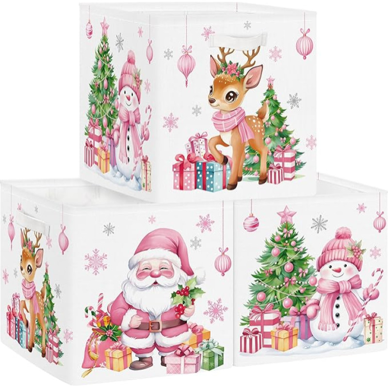 Clastyle Pack of 3 Christmas Children's Fabric Storage Boxes for Kallax Foldable Storage Basket Small Boys Girls Cupboard Organiser Wardrobe for Shelf, Santa Claus, 30 x 30 x 30 cm