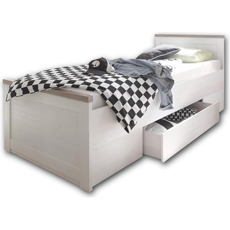 Stella Trading Stylish Single Bed 90 x 200 cm with Storage Box - Comfortable Country House Style Teenager's Room Bed in Pine White / Truffle - 96 x 90 x 205 cm (W x H x D)