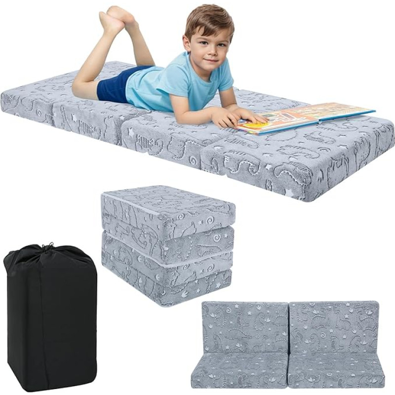 MeMoreCool Foldable Floor Mattress for Kids, Luminous Toddler Sleeping Mat for Sleeping and Nursery, Portable Tri-Fold Futon Mattress, Floor Bed, Dinosaur