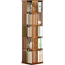 XCRFKGW 360° Rotating Bookcase, with 5-Tier Bamboo Storage Shelf, Floor-Standing Stand Bookcase, Display for Children and Adults, Living Room, Study, Office