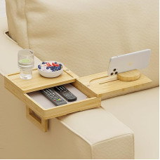 Wealone Bamboo Sofa Tray, Sofa Armrest Tray with 2 Rotating Trays, Couch Shelf for Armrest with Storage Box, Armrest Organiser for Drinks, Snacks