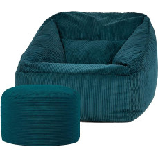 Icon Morgan Bean Bag Chair with Stool for Adults, Teal, Fluffy Corduroy Fabric, Giant Bean Bag Cord with Filling, Bean Bag Chair, Comfortable Armchair for Living Room, Lounge, Bedroom, Office