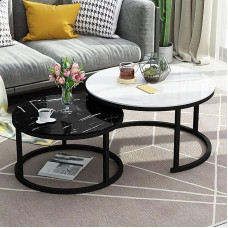 Modern Coffee Table Set with Metal Frame and Glass Top Marble Effect Round Nesting Tables for Home, Office or Living Room (Black Frame, 70cm and 50cm)