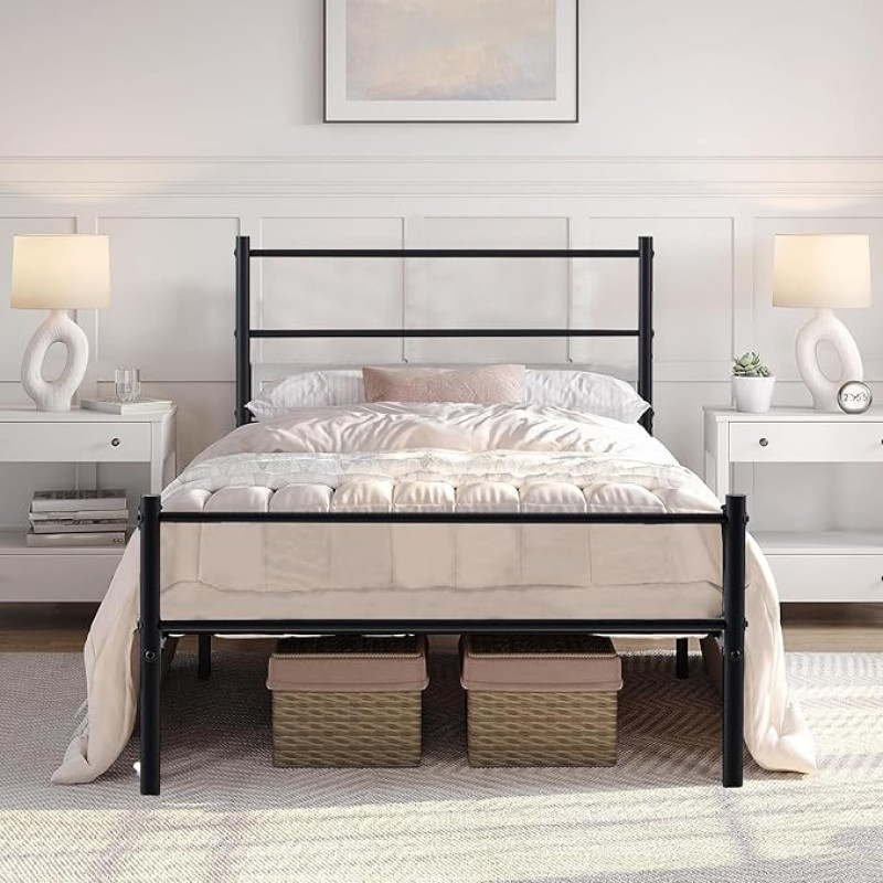 FetiNes Bed Frame 90 x 190 cm, Metal Single Bed Metal Bed Frame Youth Bed with Slatted Frame for Bedroom - Black