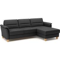 CAVADORE Palera Leather Corner Sofa with Longchair / Country House Couch with Spring Core, Sleep Function + Bed Box / 244 x 89 x 163 cm / Leather Black