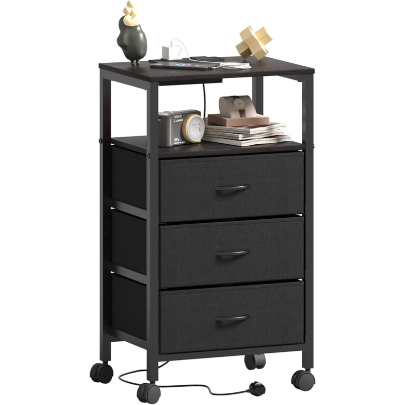 Lutown-Teen Bedside Table with Socket, Side Tables with 3 Fabric Drawers and Shelves, Bedside Cabinet with Wheels, Nightstand for Living Room, Bedroom, Black