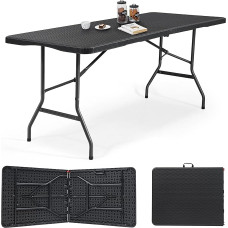 Sekey Buffet Table Foldable Plastic | 180 x 74 x 74 cm Rattan Look Garden Table with Carry Handle | Folding Table Party Table for Garden Patio and Balcony | Camping Table for 6 People (Black)