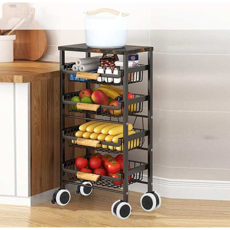 Treesunshine Side Trolley with Wheels, Kitchen Trolley with Worktop, Serving Trolley with Extendable Basket Made of Iron Carbon Alloy, Kitchen Trolley Wood, Kitchen Trolley with Large Storage Space, 5